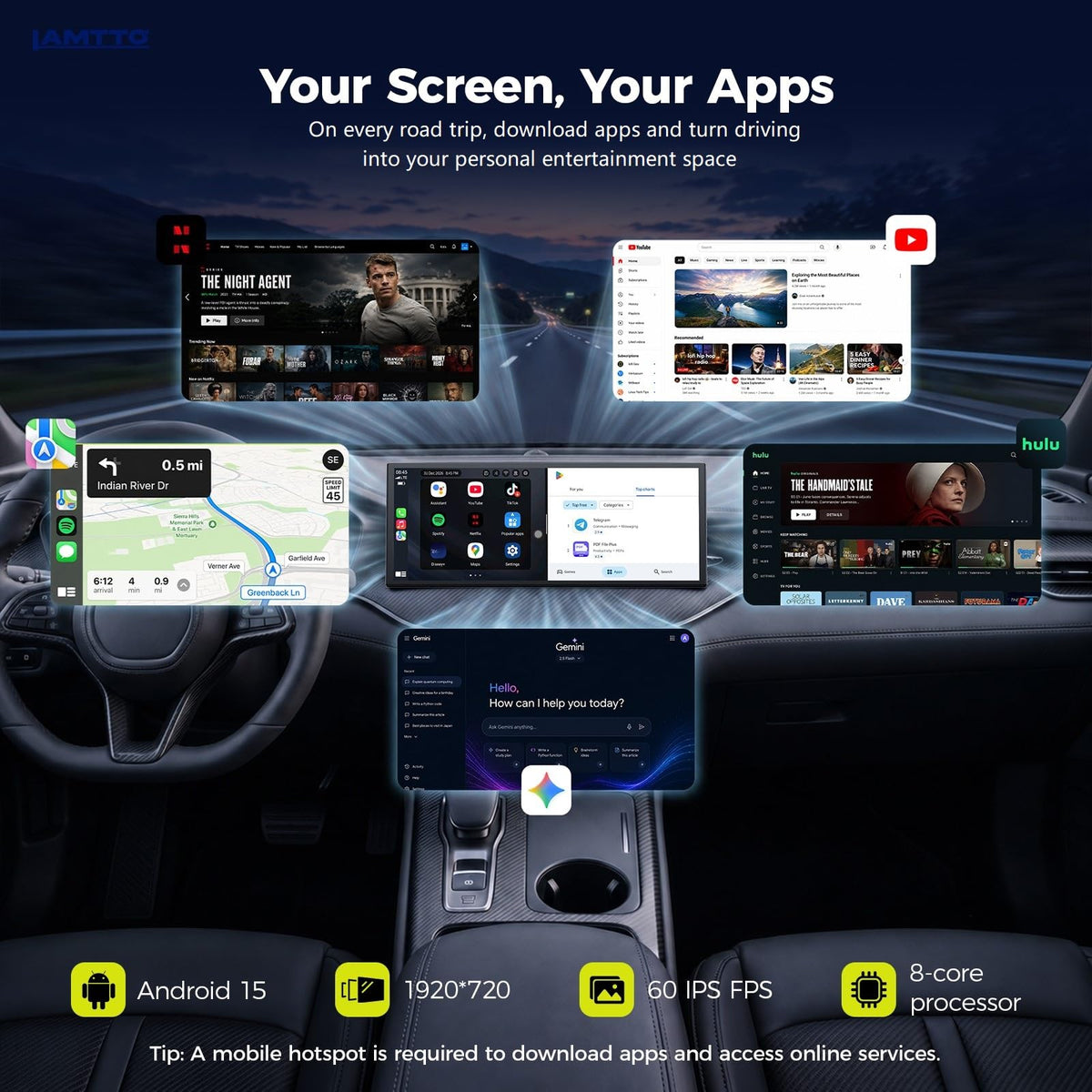 LAMTTO 11" AI Wireless CarPlay Screen with Google Play & Android 15