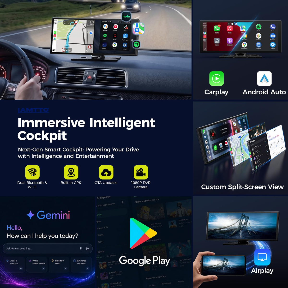 LAMTTO 11" AI Wireless CarPlay Screen with Google Play & Android 15