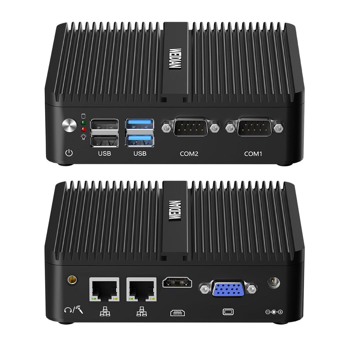 WEIDIAN Fanless Mini PC, Industrial PC, Mini Computer N100(up to 3.4GHz), 4K HD+VGA Dual Dispaly Output, 2Gigabit Ethernet, 4USB, 2RS232 COM, Win11, WiFi, BT(32GB RAM 512GB SSD 2TB HDD)