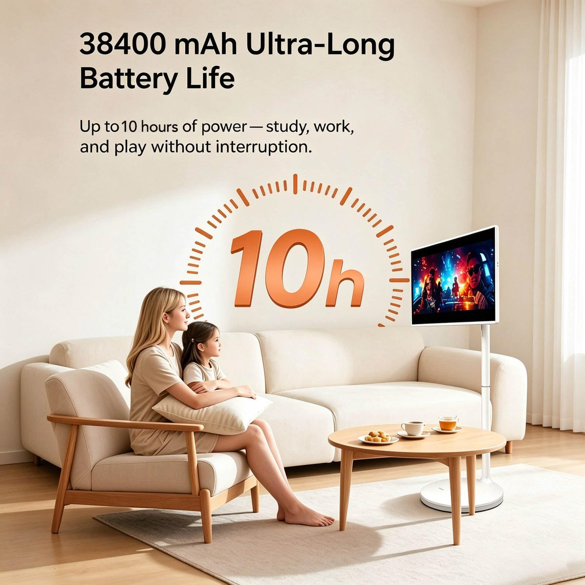 32" 4K FHD Smart Portable TV on Wheels,16GB (8+8) RAM + 256GB Storage,Android 15 OS EDLA Certified,2K Webcam,100% sRGB,Built-in Battery,Full Swivel Rotation, Voice Remote