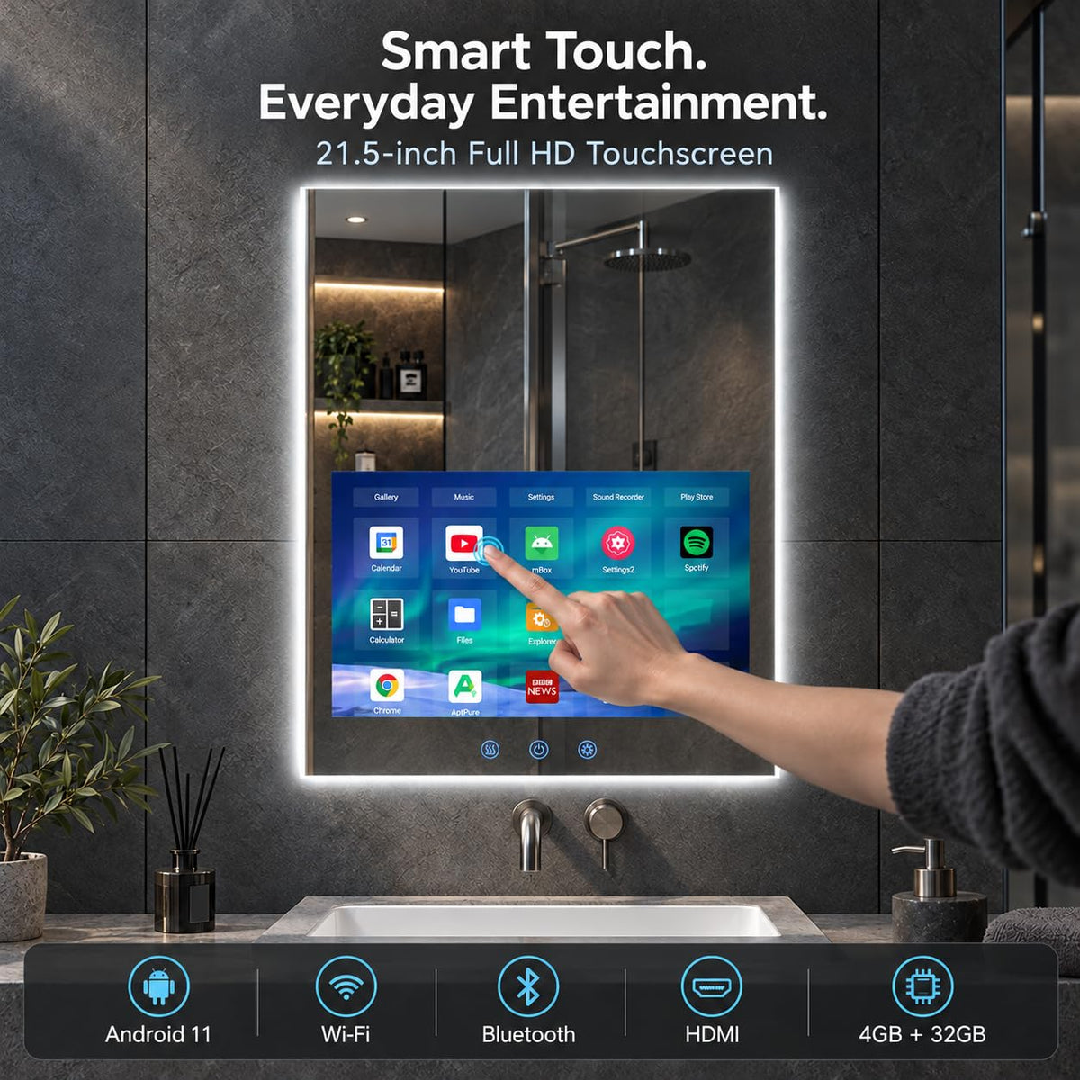 24″ W × 32″ H LED Smart Bathroom Mirror with 21.5″ Hidden Touchscreen