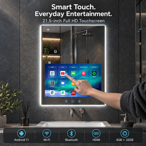 24″ W × 32″ H LED Smart Bathroom Mirror with 21.5″ Hidden Touchscreen