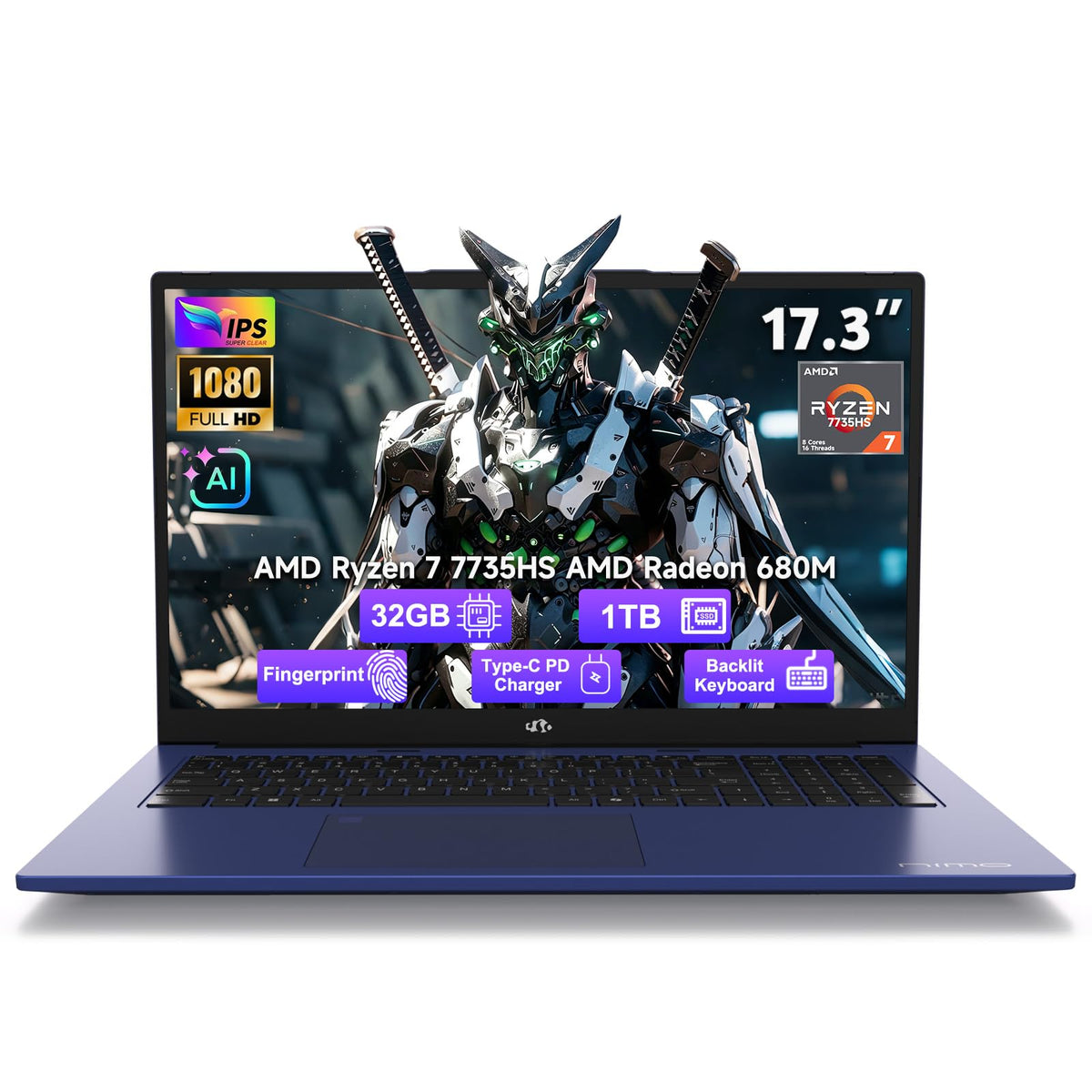 NIMO 17.3" Light Gaming Laptop, 8 Cores AMD Ryzen 7 32GB DDR5 1TB SSD