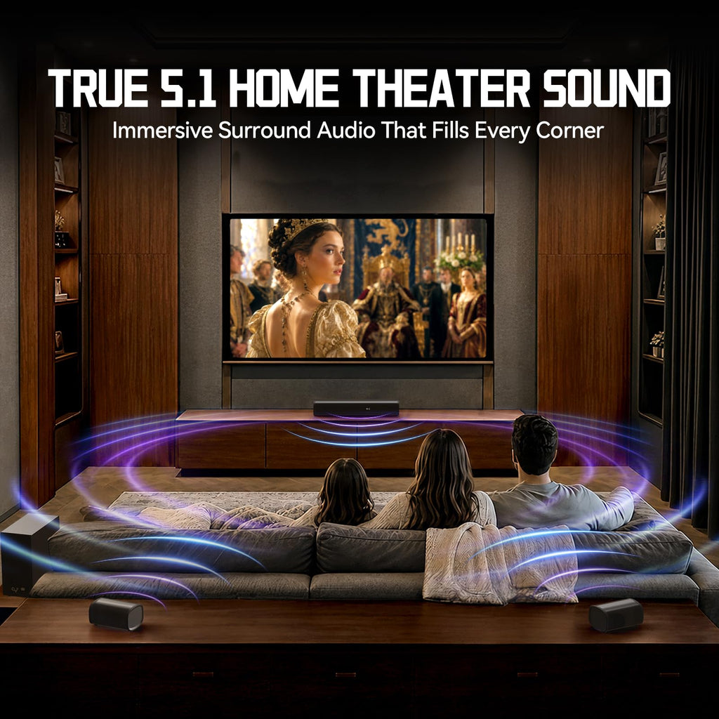 Sound Bar Bluetooth Surround Sounds, Home Theater Sound Bar System, TV Sounds Bars Subwoofer Wireless 5.1CH Surround Speakers Home Theater Surrounds Sound System HDMI AUX Opt USB, Black