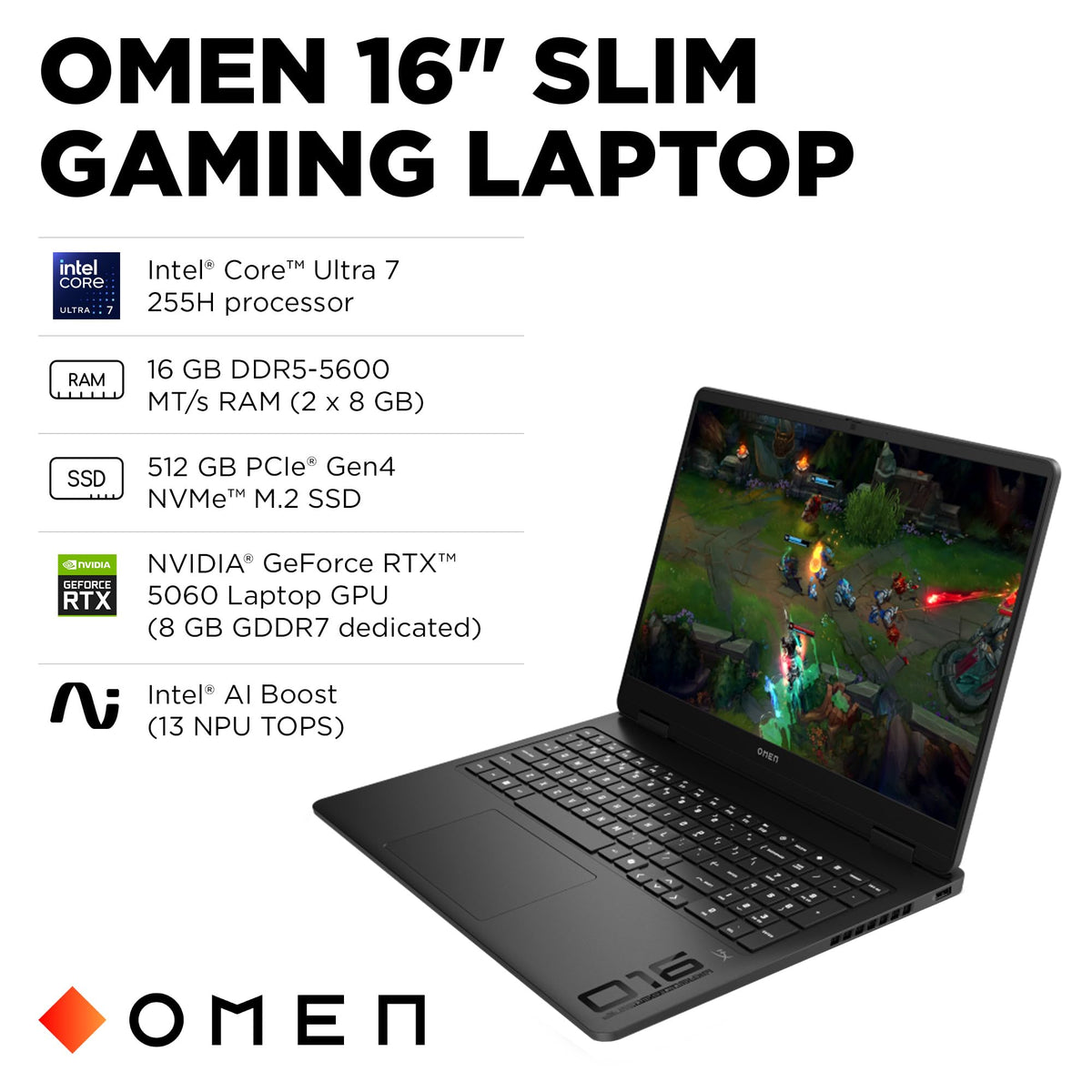 HP OMEN 16 inch Slim Gaming Laptop, 2K 165Hz Display, Intel Core Ultra 7-255H, 16 GB RAM, 512 GB SSD, NVIDIA GeForce RTX 5060 GPU (8 GB Dedicated), Windows 11 Home, Shadow Black, 16-an0000nr