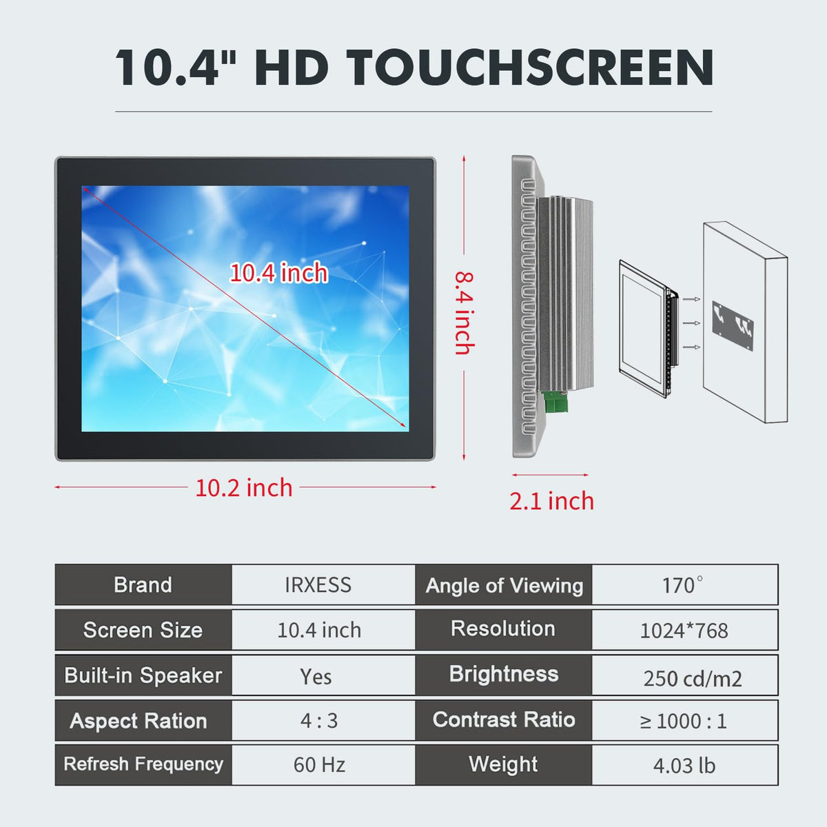 10.4" Industrial Touch Panel PC, Ratio 4:3 Multi-Touchscreen-Monitor,Wall Mounted Touch Screen Panel Computer,WiFi & Built-in Speakers,IP65 Front,Win 10 I5 RAM 8G+256G SSD