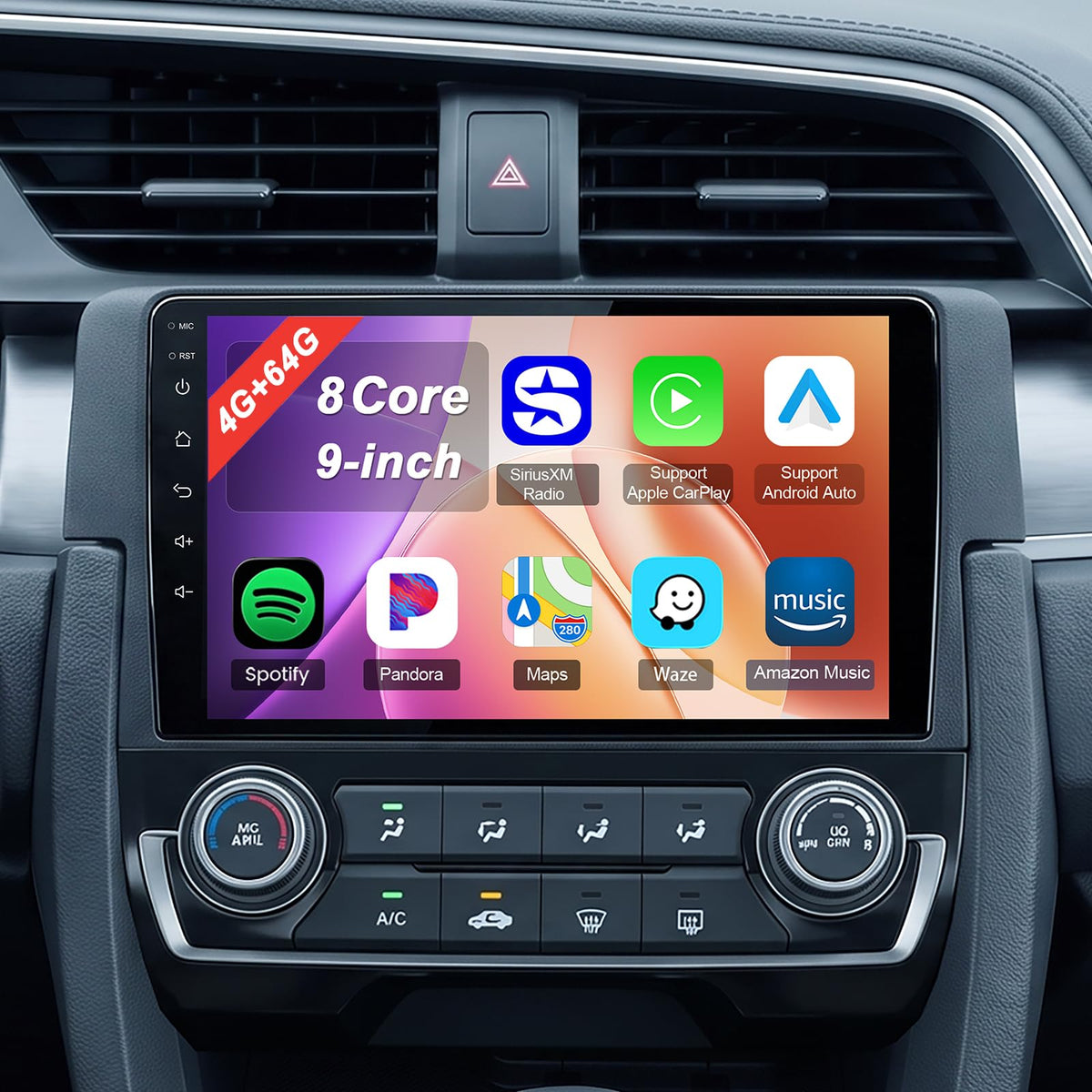 8 Core 4+64GB Car Radio Stereo for Honda Civic 2016-2021, 9 Inch IPS Touch Screen Android 13 Head Unit with Wireless CarPlay & Android Auto, 1080P Backup Camera, GPS Navigation, AM/FM