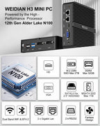 WEIDIAN Fanless Mini PC, Industrial PC, Mini Computer N100(up to 3.4GHz), 4K HD+VGA Dual Dispaly Output, 2Gigabit Ethernet, 4USB, 2RS232 COM, Win11, WiFi, BT(32GB RAM 512GB SSD 2TB HDD)