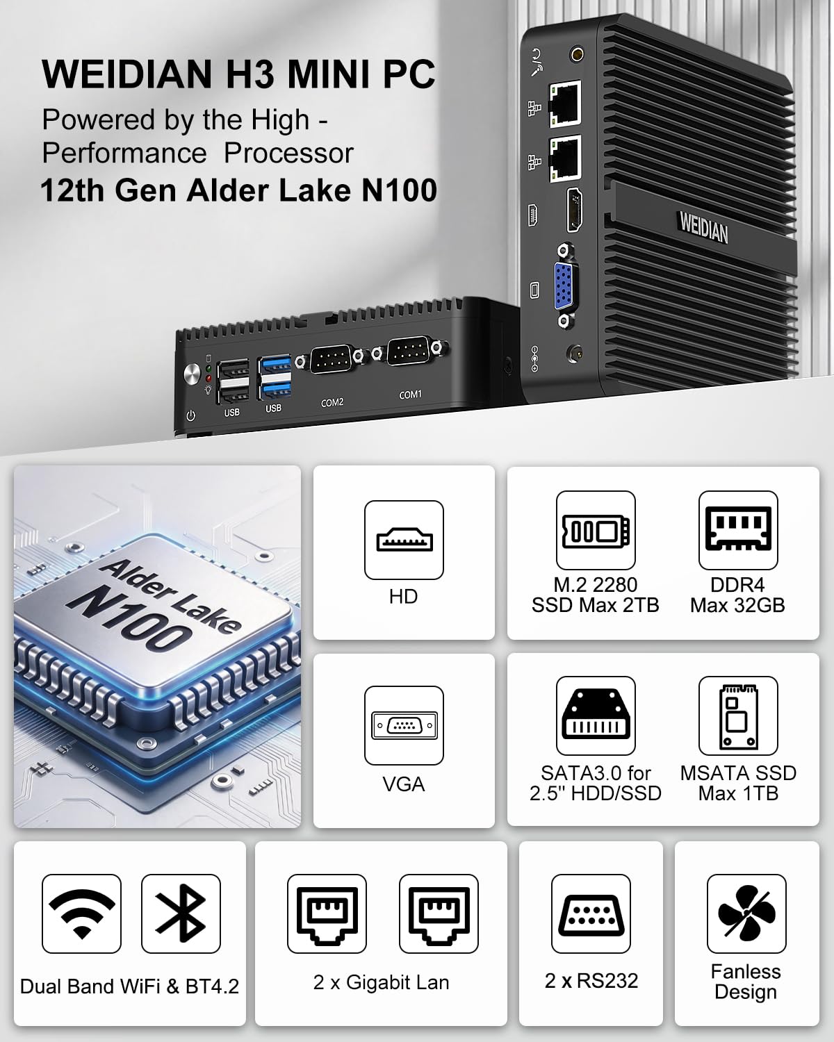WEIDIAN Fanless Mini PC, Industrial PC, Mini Computer N100(up to 3.4GHz), 4K HD+VGA Dual Dispaly Output, 2Gigabit Ethernet, 4USB, 2RS232 COM, Win11, WiFi, BT(32GB RAM 512GB SSD 2TB HDD)