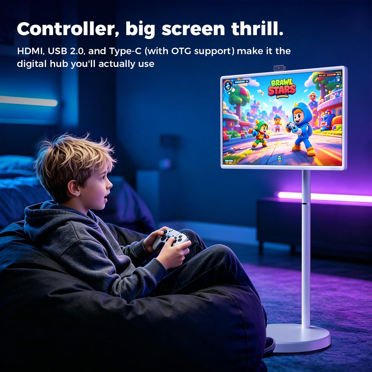 32 Inch Smart TV, Portable TV on Wheels with Rotatable Touch Screen, Rolling Stand, Built-in Battery, 8GB RAM + 128GB Storage, Dual-Band Wi-Fi, Bluetooth 5.0, Remote