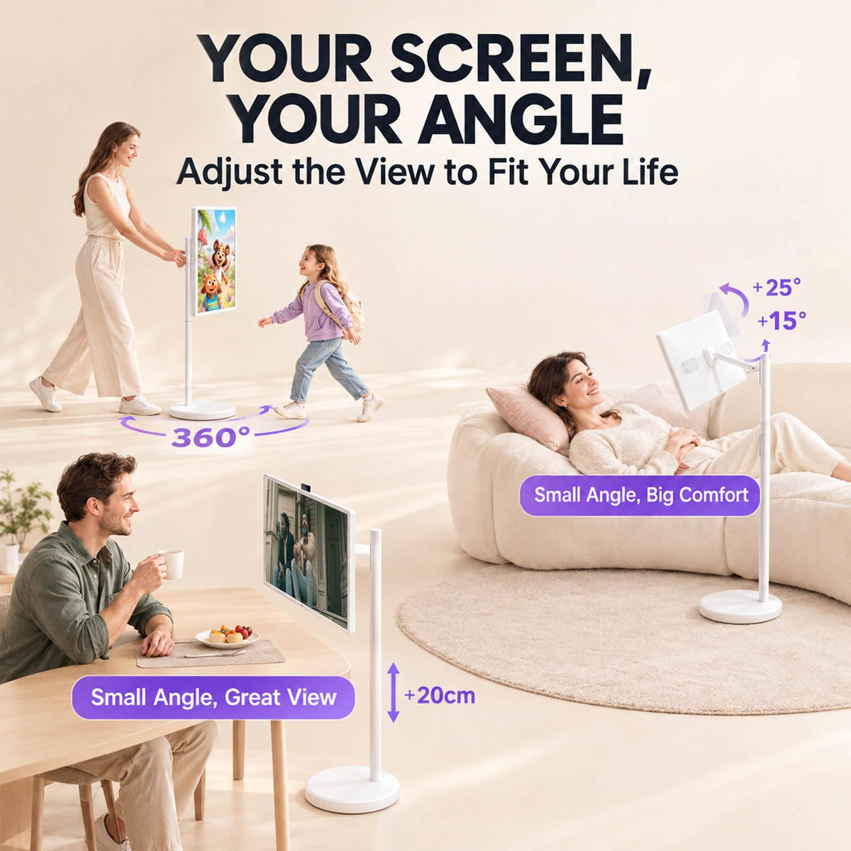 32" 4K FHD Smart Portable TV on Wheels,16GB (8+8) RAM + 256GB Storage,Android 15 OS EDLA Certified,2K Webcam,100% sRGB,Built-in Battery,Full Swivel Rotation, Voice Remote
