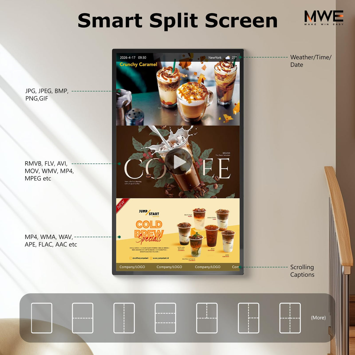 32 inch Wall Mount Digital Signage, FHD Touchscreen 32" Monitor Android 14