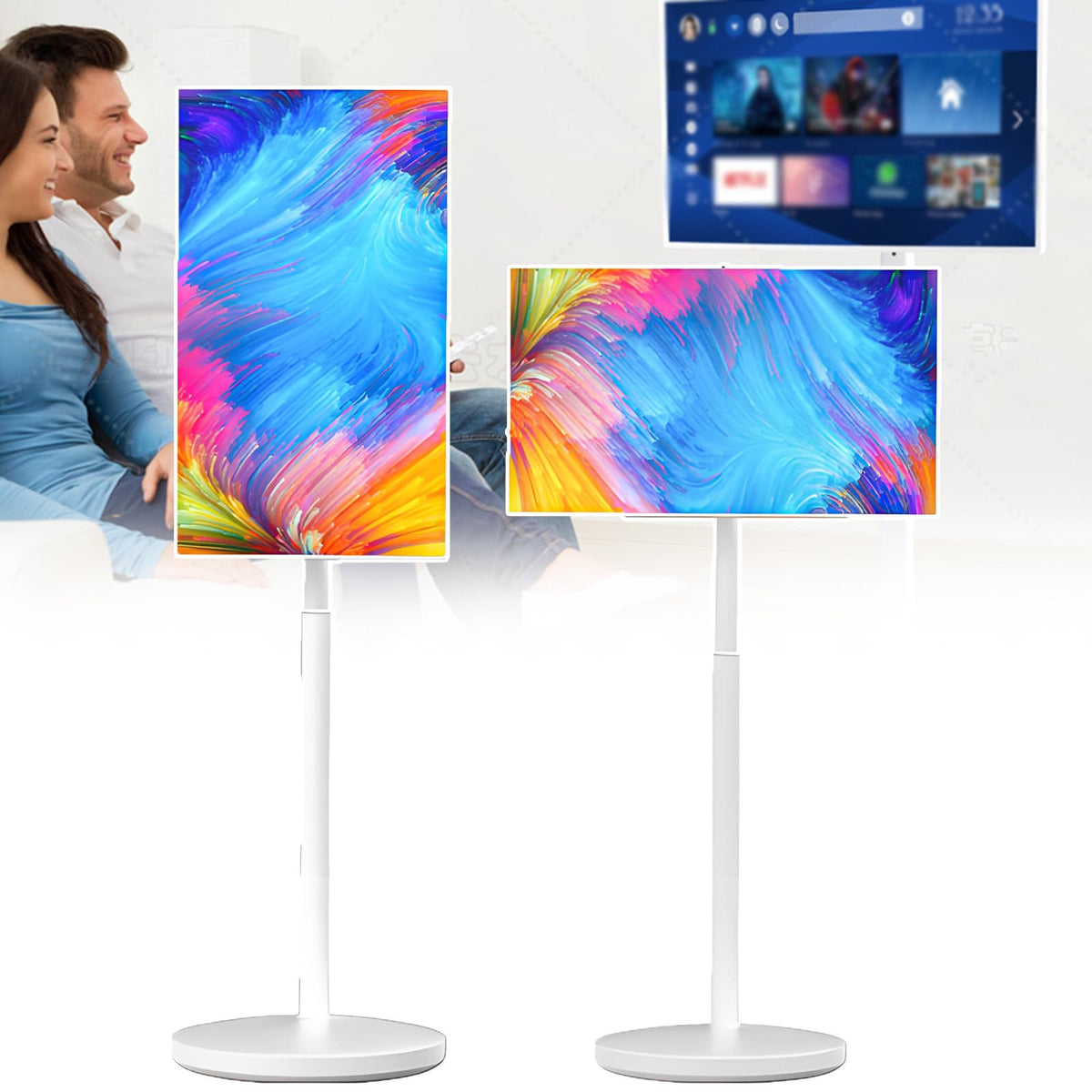 Portable Smart TV 24/27/32-inch Touchscreen Monitor, Mobile Display On Wheels with 7800mAh Battery, Dual 10W Speakers Professional Commercial Display Solution 27in6+64g