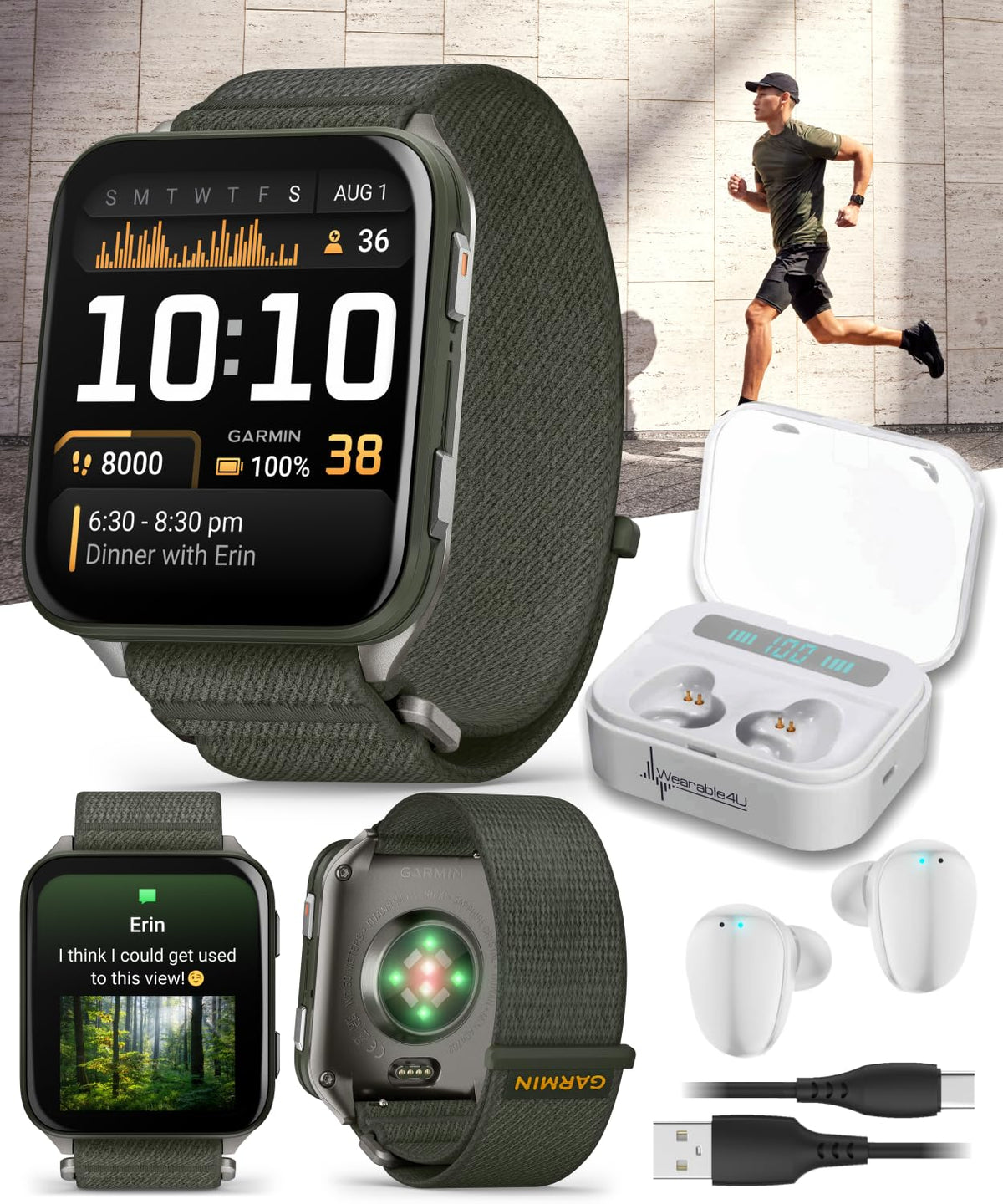 Garmin Venu X1 Thin and Lightweight GPS Smartwatch, AMOLED Display, Moss with Titanium Caseback and Moss ComfortFit Nylon Band White Earbuds Bundle