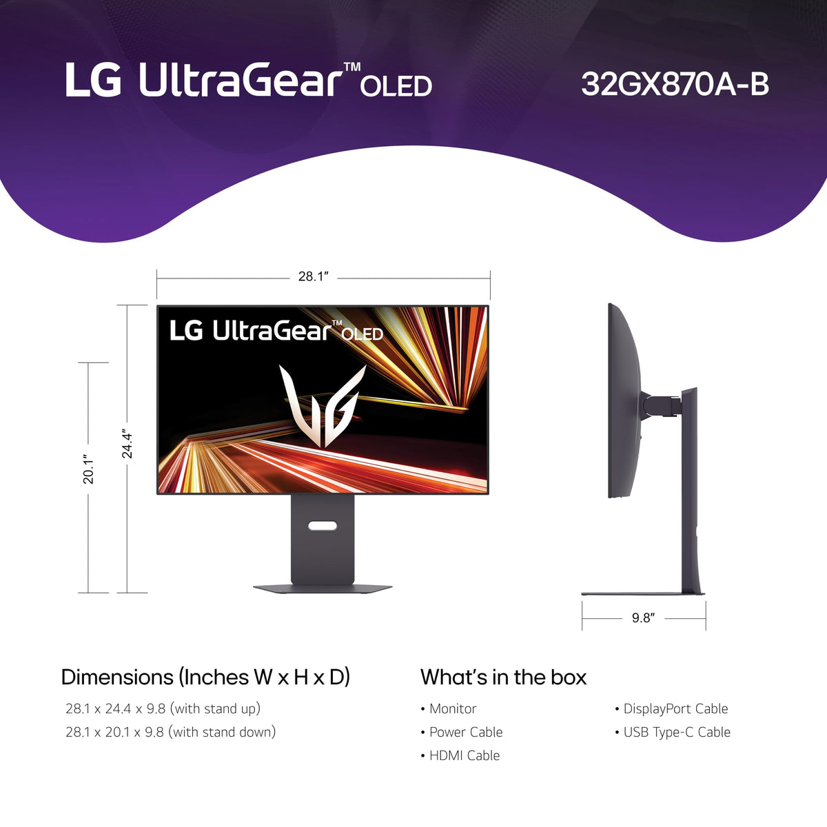 LG 32GX870A-B 32-inch Ultragear 4K UHD (3840 x 2160) OLED Gaming Monitor, Dual-Mode, 240Hz, 0.03ms, NVIDIA, AMD FreeSync Premium Pro, VESA DisplayHDR True Black 400, USB Type-C, DP2.1