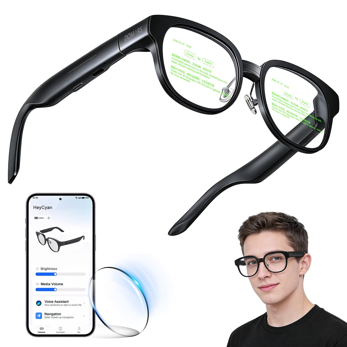 AR Smart Glasses with Real-Time Translation, Invisible Privacy Teleprompter, Bluetooth AI Smartglasses for Speech, Travel, Business Meetings, Smart AI Glasses for Men Women(Customizable lenses)