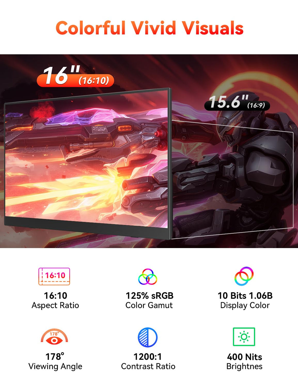 HotYeah 16" 2.5K 144Hz Portable Gaming Monitor, 2560x1600 QHD 125% sRGB