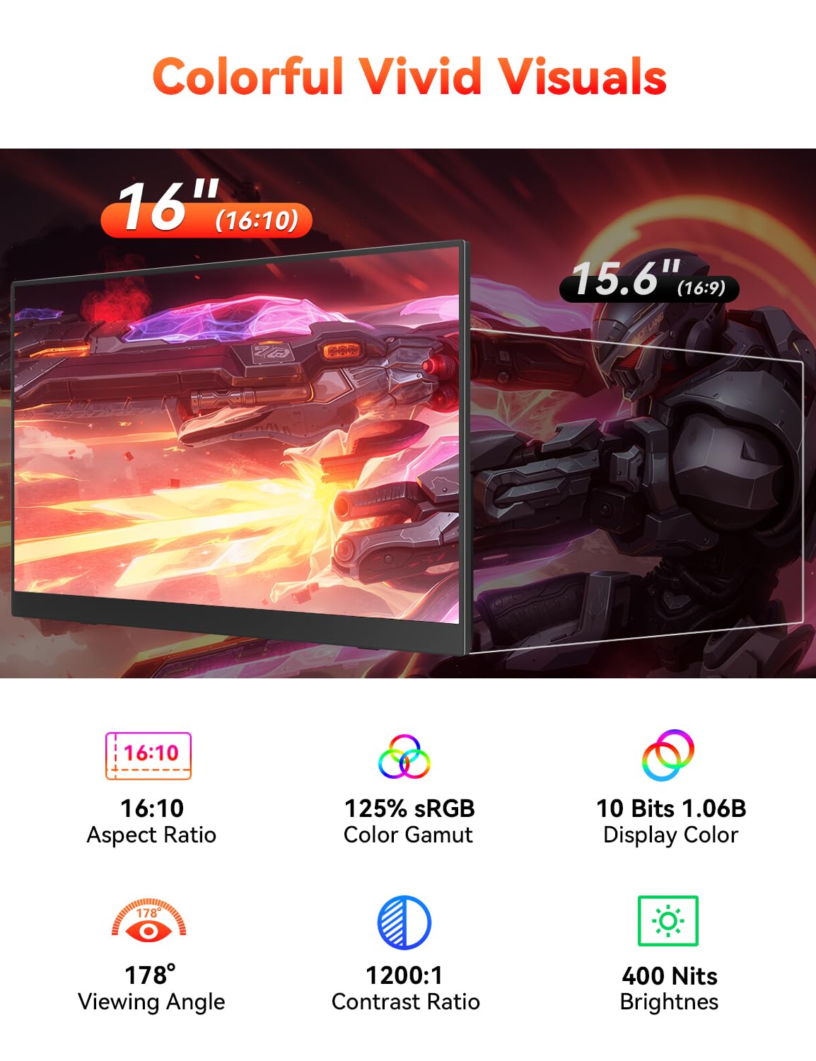 HotYeah 16" 2.5K 144Hz Portable Gaming Monitor, 2560x1600 QHD 125% sRGB