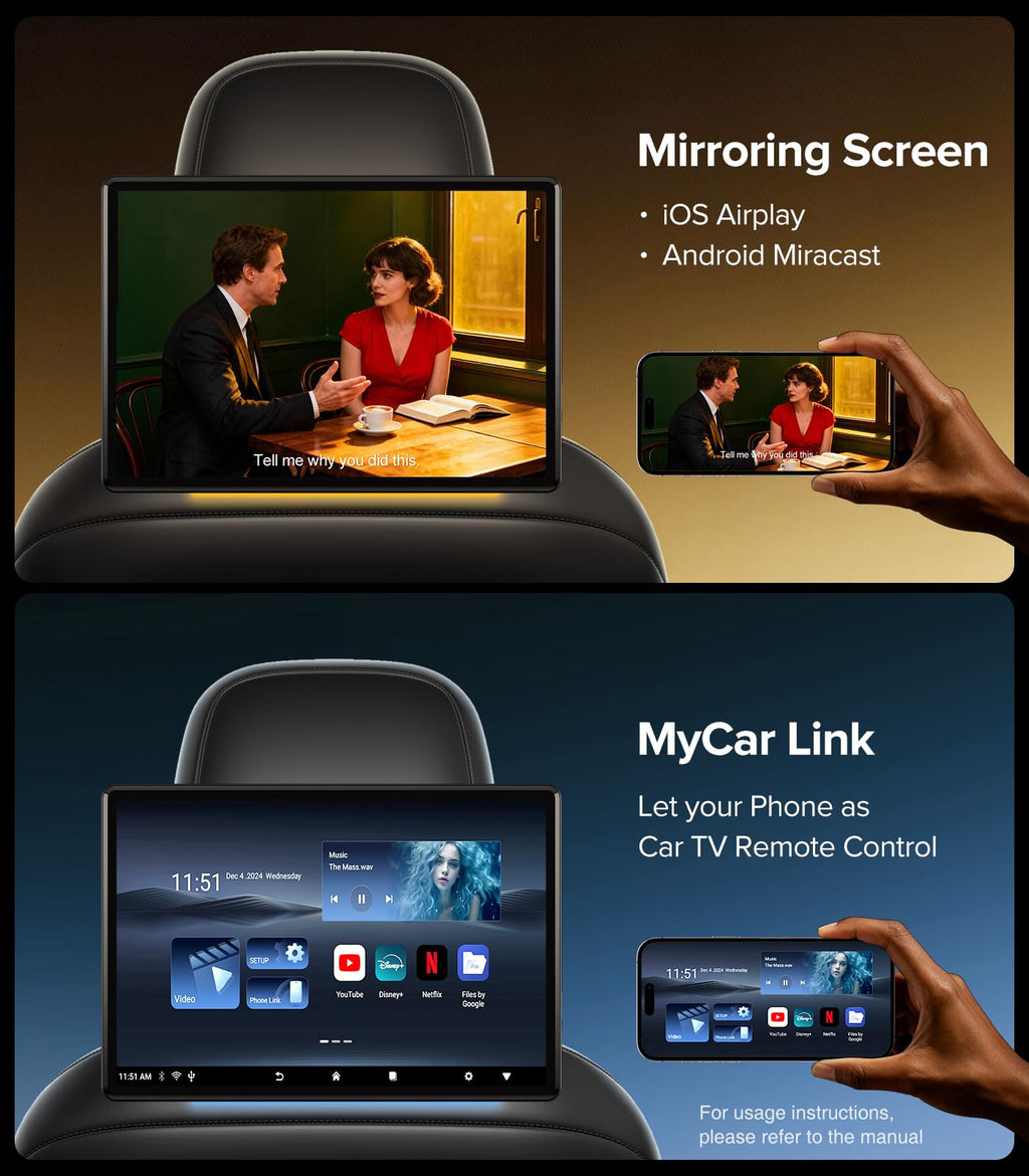 13.5" Dual 4K Headrest Monitors Car TV Rear Seat Entertainment System