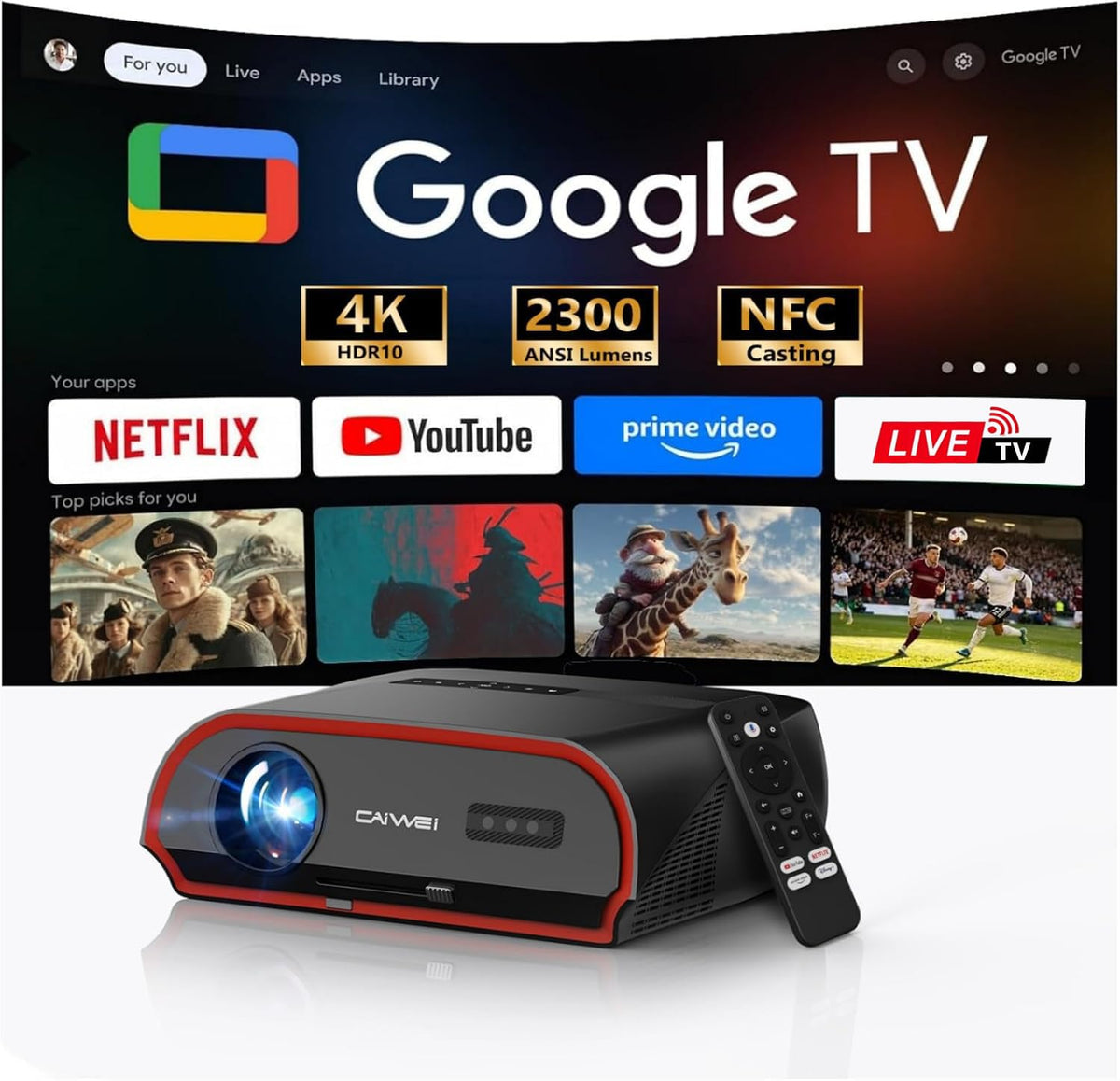 4K Google TV Projector with 2 Wireless Microphones for Home Karaoke & Backyard Parties, 3000 ANSI Lumens, 70W Dolby Audio, ToF Auto Focus/Keystone, NFC Casting, WiFi 6 Bluetooth, HDMI ARC, AI-PQ HDR10