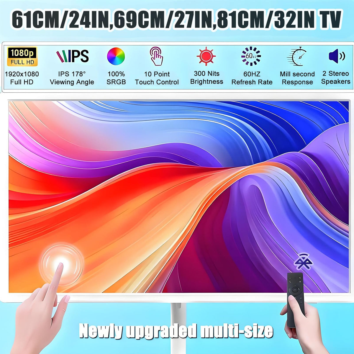 Portable Smart TV 24/27/32-inch Touchscreen Monitor, Mobile Display On Wheels with 7800mAh Battery, Dual 10W Speakers Professional Commercial Display Solution 27in6+64g