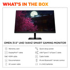 HP OMEN 31.5 inch UHD 144Hz Smart Gaming Monitor, 4K UHD Display (3840 x 2160), IPS Panel Technology, VESA DisplayHDR 400, 1ms GtG (with Overdrive), NVIDIA G-SYNC Compatible, Black, OMEN 32x (2025)