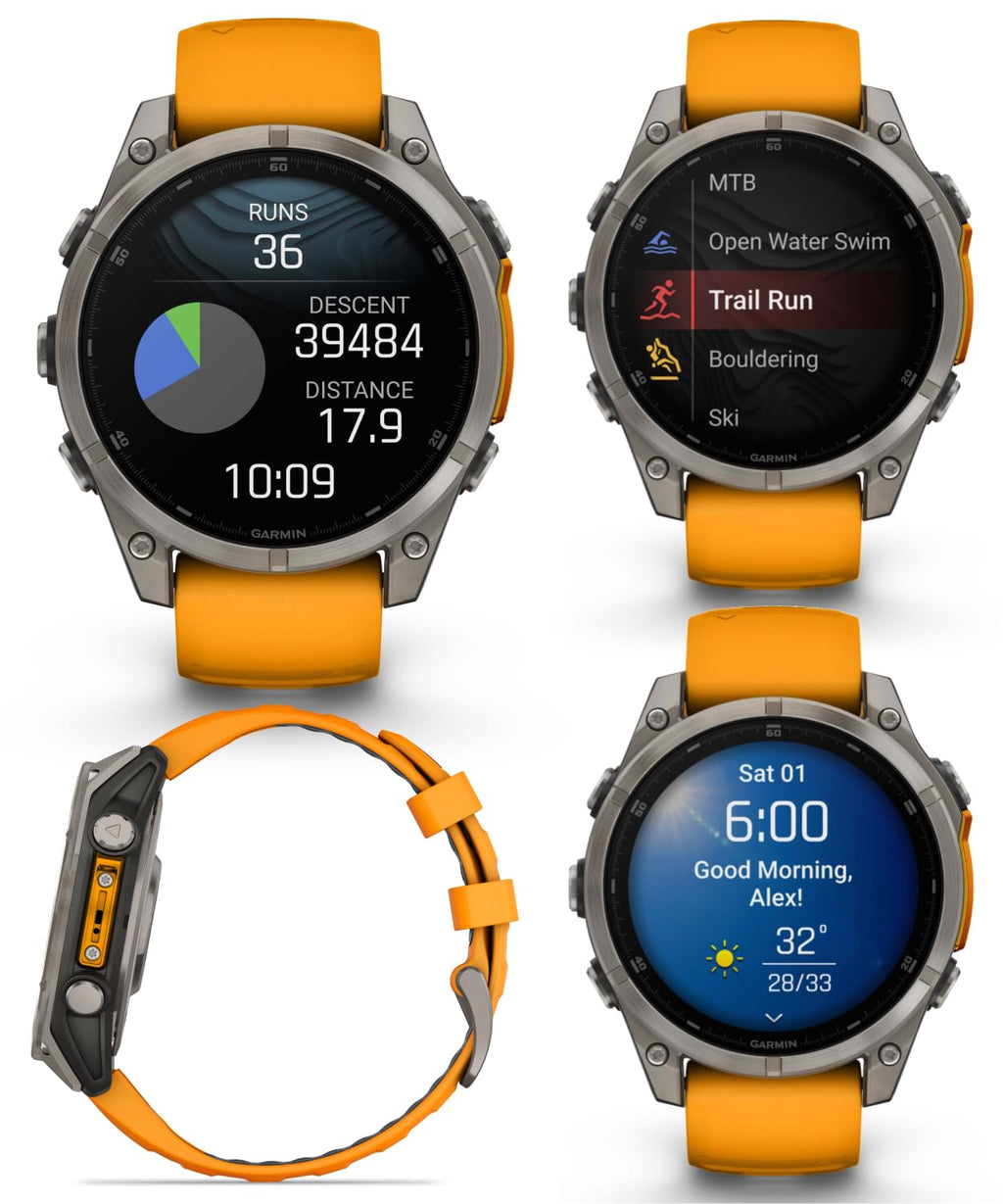 Garmin Fenix 8 – 47 mm, AMOLED Sapphire Multisport GPS Smartwatch,Titanium with Spark Orange/Graphite Silicone Band, Built-in LED Flashlight White Earbuds Bundle