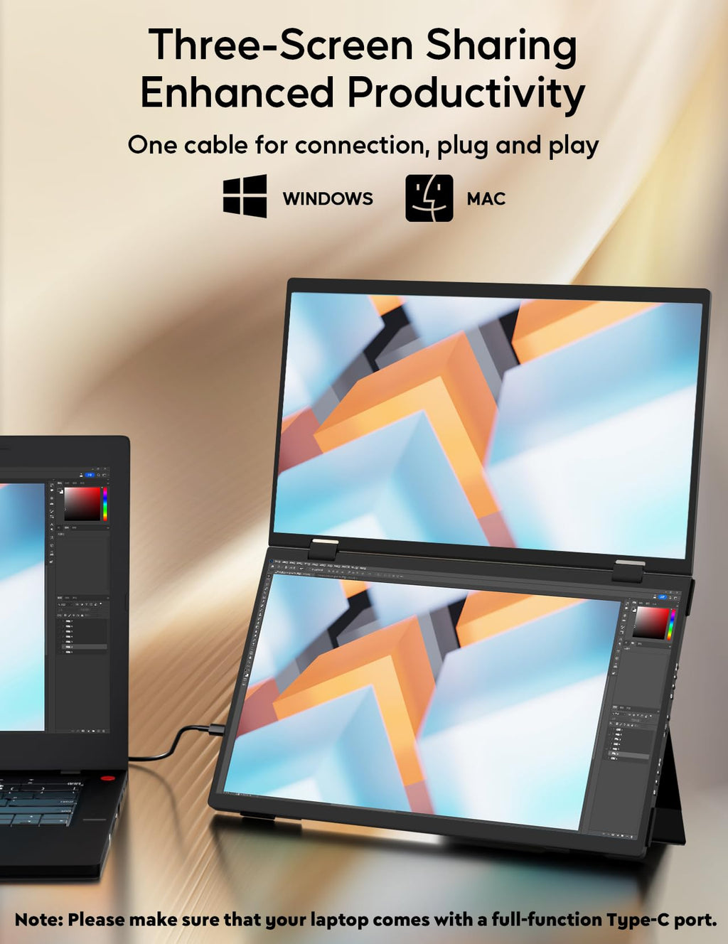 ZSCMALLS Laptop Screen Extender-15.6" Dual Portable Monitor for Laptop USB-C HDMI Stacked Folding Triple Monitor Travel Display with Kickstand VESA for Windows Mac