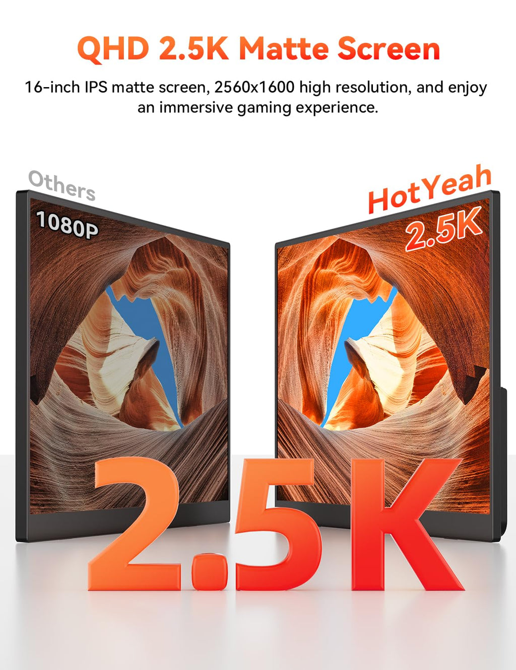 HotYeah 16" 2.5K 144Hz Portable Gaming Monitor, 2560x1600 QHD 125% sRGB