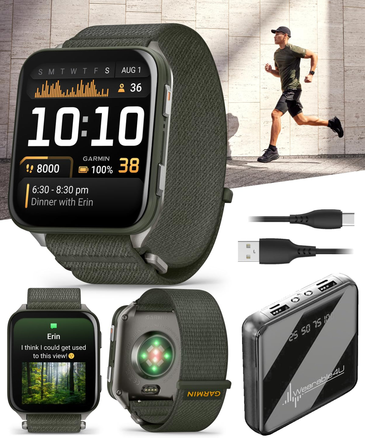 Garmin Venu X1 Thin and Lightweight GPS Smartwatch, AMOLED Display, Moss with Titanium Caseback and Moss ComfortFit Nylon Band Power Bank Bundle