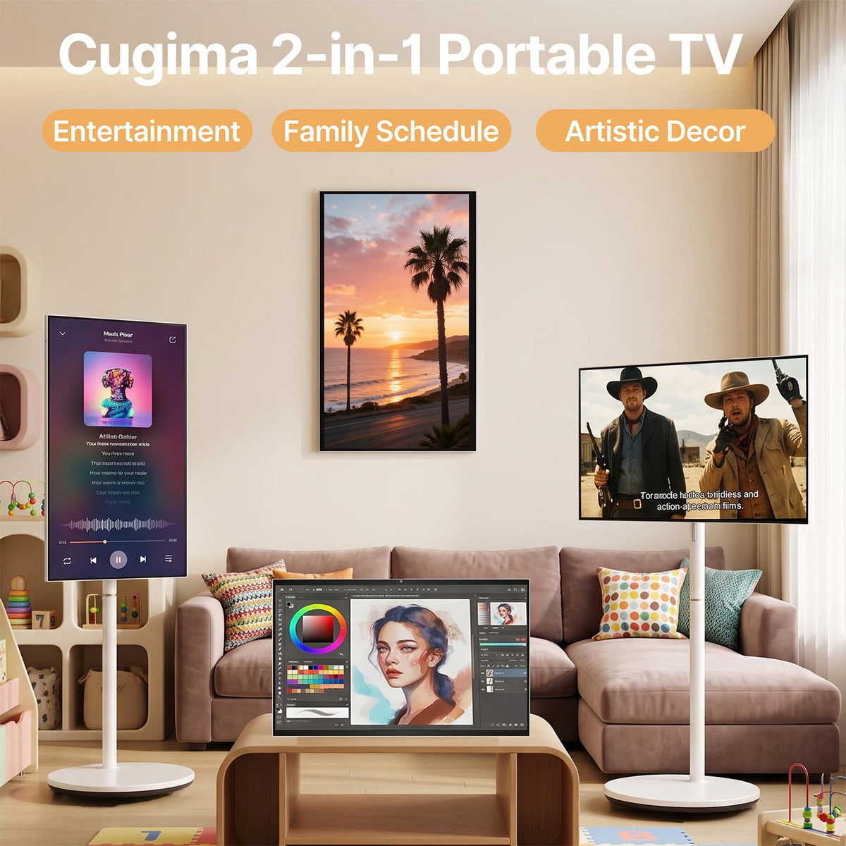 2-in-1 Portable TV, Detachable Touchscreen, Tabletop & Rolling Mode