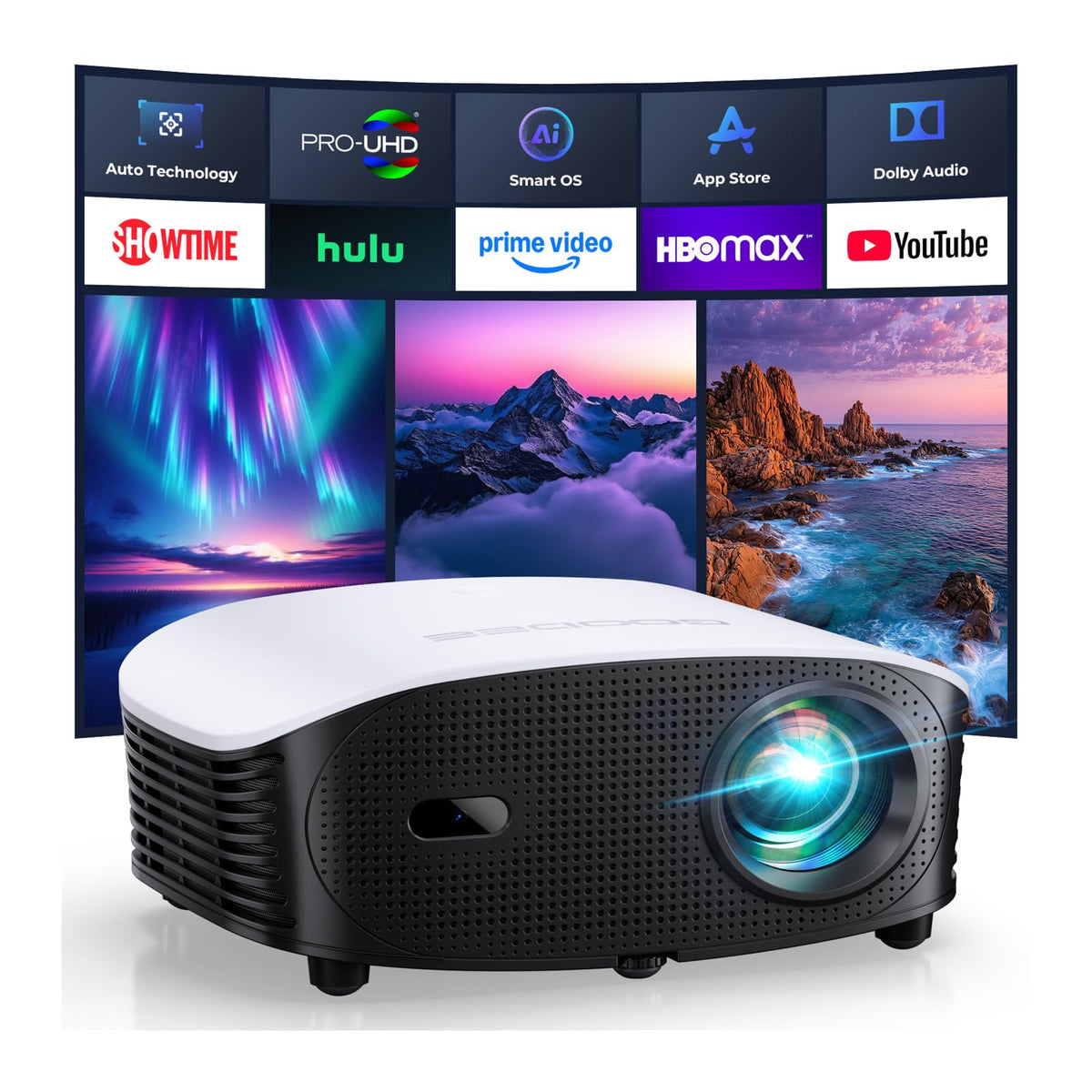 GooDee AI Smart Mini Projector with WiFi & Bluetooth, Auto Focus & Keystone