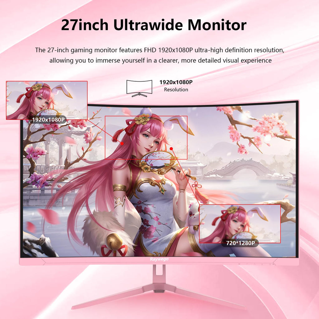 27 Inch Pink Curved Computer Monitor, FHD 1080P 100Hz, Eye Care