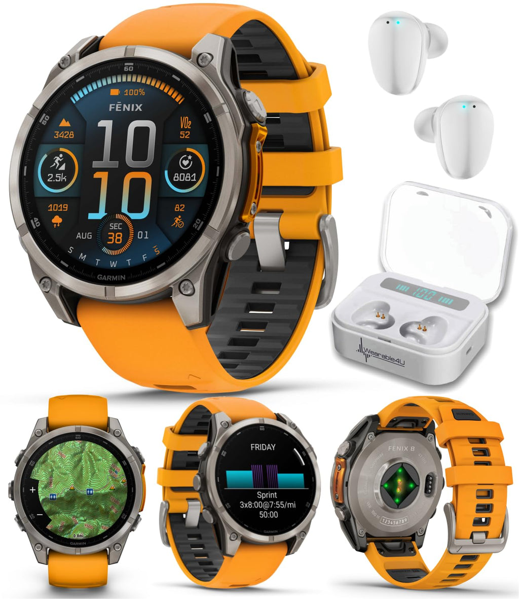 Garmin Fenix 8 – 47 mm, AMOLED Sapphire Multisport GPS Smartwatch,Titanium with Spark Orange/Graphite Silicone Band, Built-in LED Flashlight White Earbuds Bundle