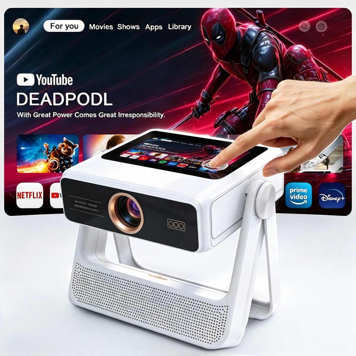TouchScreen Smart Portable Projector,A2Ultra 4K Support Outdoor Projector with WiFi6 and Bluetooth, 800 ANSI Dual-Screen Sync,1000+ Apps, Auto Focus Movie Proyector for Home Theater/Outdoor/Gaming