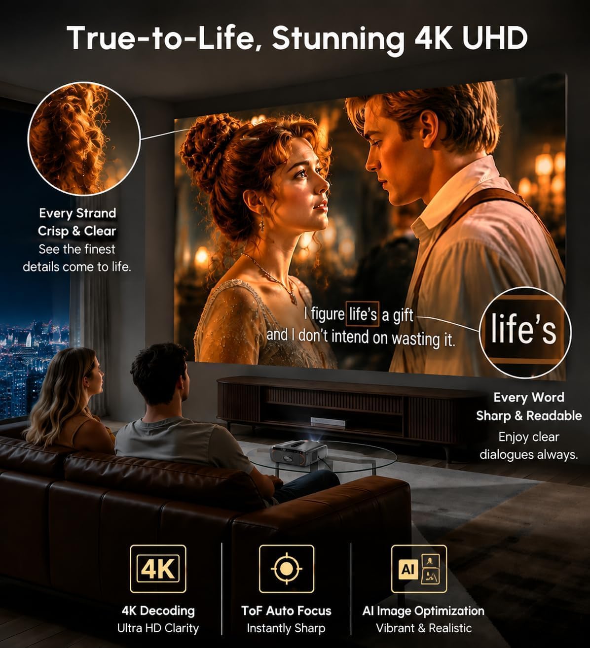 4K Smart Projector Daylight Home Theater, 2400 ANSI Lumens, eARC, HDR10+
