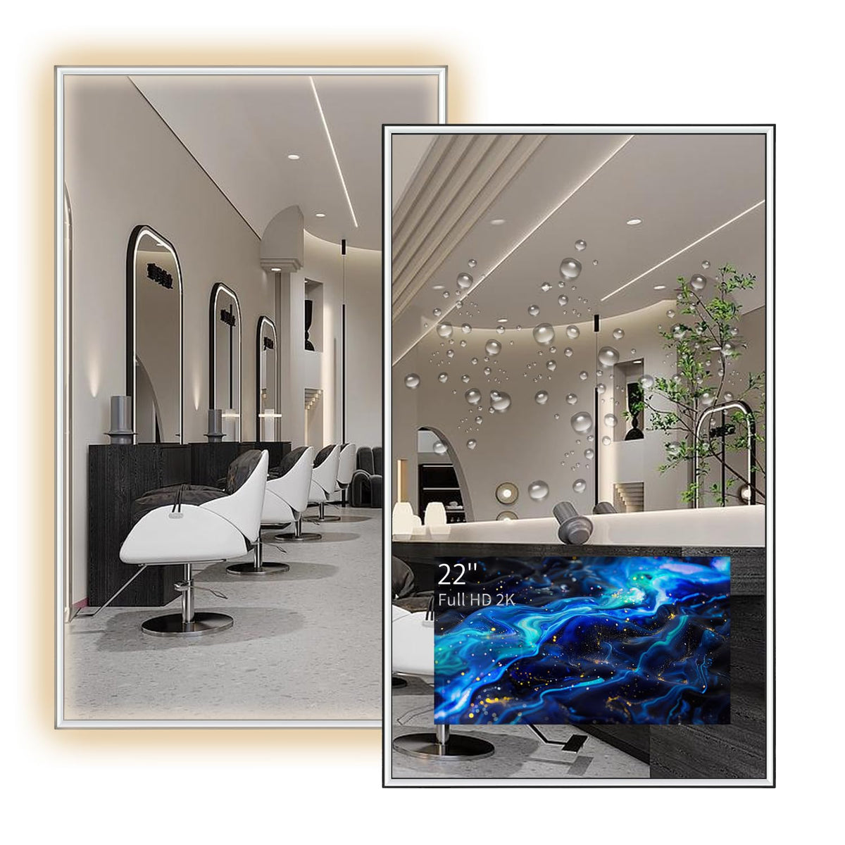 24" W x 40" H Smart Mirror with 22" Screen Display – webOS LED Salon Entertainment Display with Voice Control, for Barber Shops, Beauty Studios