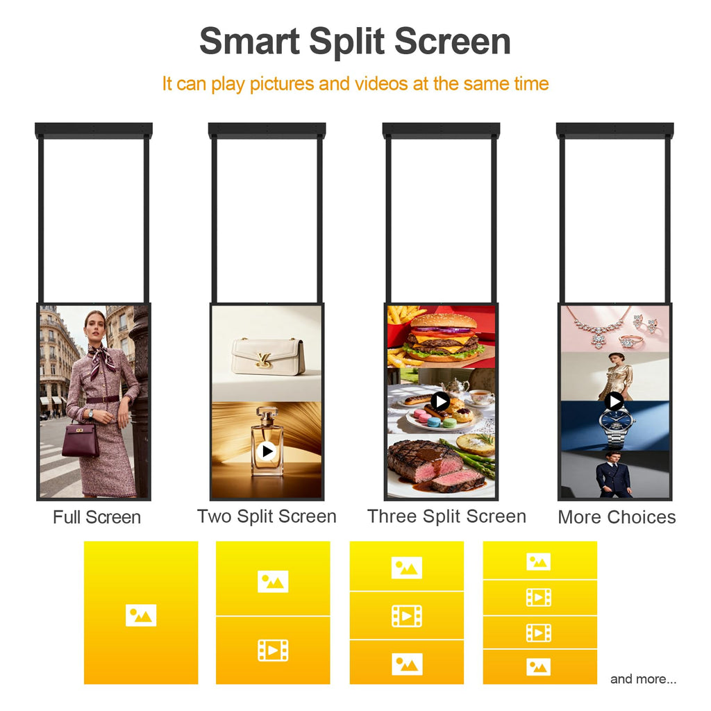 43Inch Window Digital Signage Hanging Advertising Display, 2500nits High Brightness Indoor Digital Signage, CMS/U-Disk Plug&Play, Smart Split Screen, 24/7 Operation, HDMI/USB/WiFi/Android System