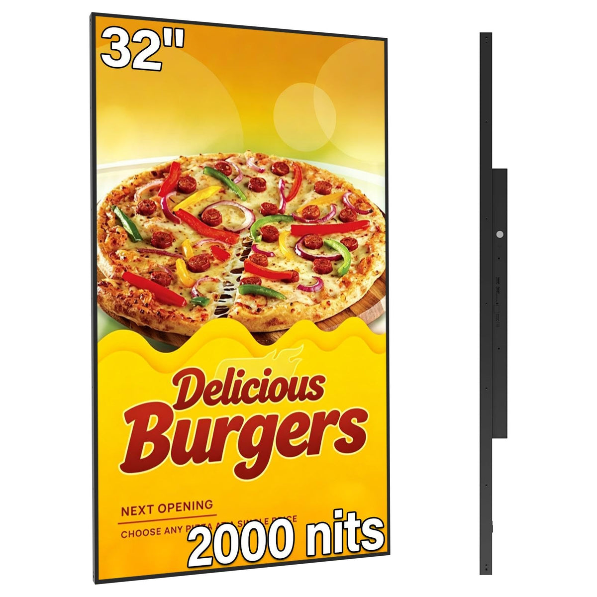 32inch Digital Signage, 2500nits High Brightness Advertising Display, Slim Fit Frameless LCD Monitor, CMS Remote Publishing, 24/7 Operation, Smart Split Screen Play, HDMI/USB/WiFi/Android System