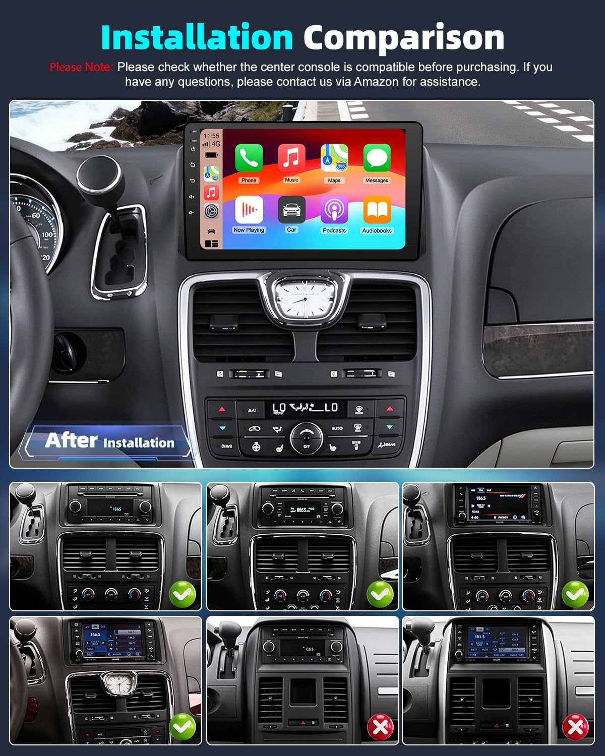 4+64G Car Radio for Dodge Grand Caravan 2011-2020/Chrysler Town&Country 2011-2016/Grand Voyager 2011-2015, 9'' Touch Screen Car Stereo Wireless Carplay Android Auto EQ FM RDS Bluetooth WiFi