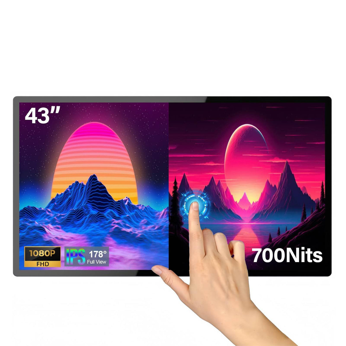 43inch Touchscreen Digital Display, 700nit High Brightness Digital Signage, CMS/U-Disk Plug&Play, Slim Fit Frameless LCD Monitor, Smart Split Screen, 24/7 Timer Switch, Built-in Speaker