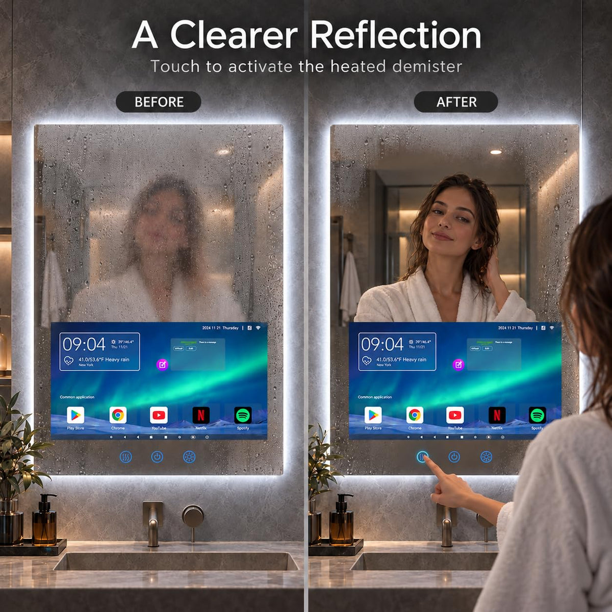 24″ W × 32″ H LED Smart Bathroom Mirror with 21.5″ Hidden Touchscreen