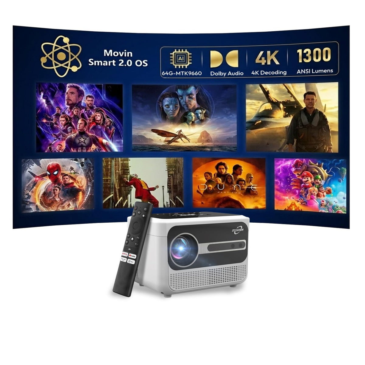 4K Google TV Projector with 2 Wireless Microphones for Home Karaoke & Backyard Parties, 3000 ANSI Lumens, 70W Dolby Audio, ToF Auto Focus/Keystone, NFC Casting, WiFi 6 Bluetooth, HDMI ARC, AI-PQ HDR10
