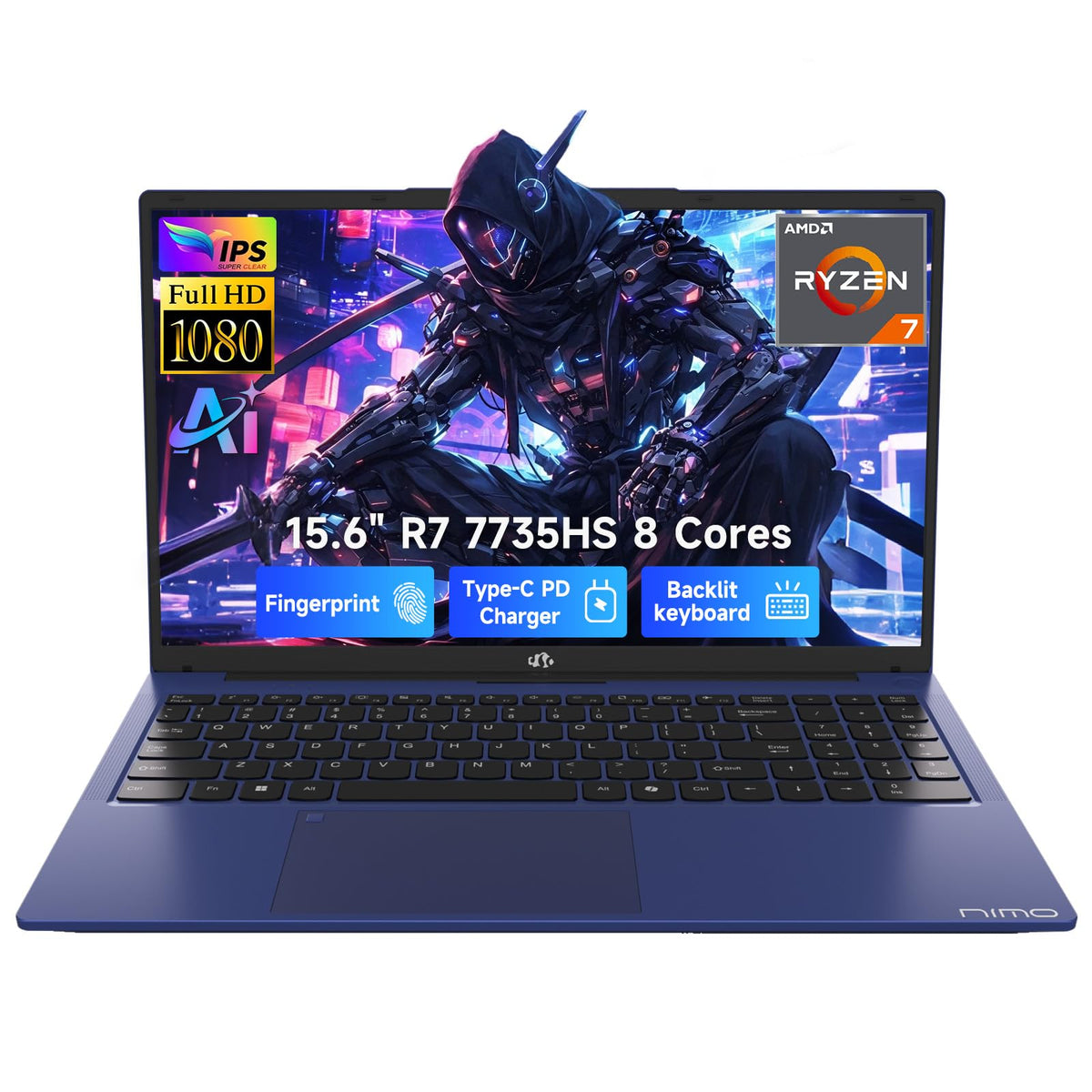 NIMO 15.6'' IPS FHD AI Laptop, AMD Ryzen 7 7735HS 64GB DDR5 RAM 1TB SSD