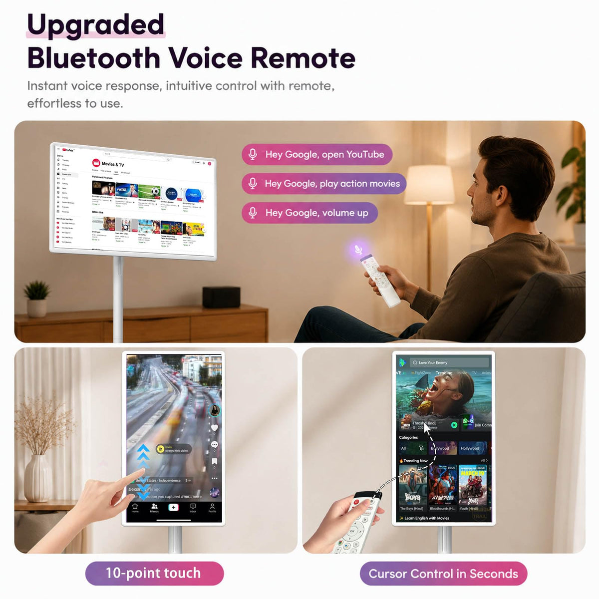 32" 4K FHD Smart Portable TV on Wheels,16GB (8+8) RAM + 256GB Storage,Android 15 OS EDLA Certified,2K Webcam,100% sRGB,Built-in Battery,Full Swivel Rotation, Voice Remote