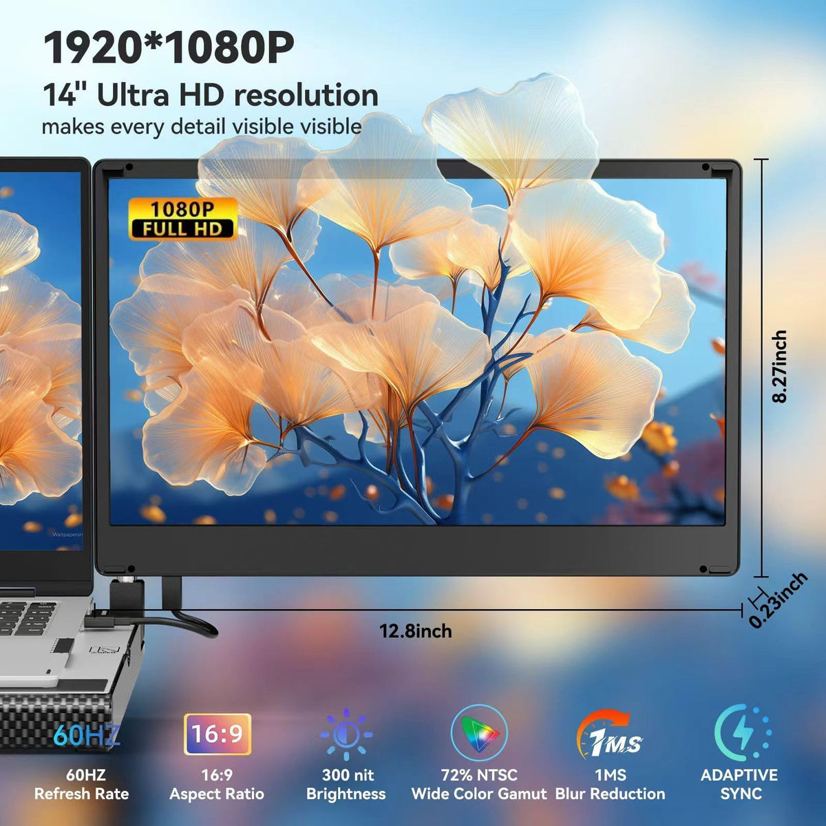 BreezyLife 14" Laptop Screen Extender Smart Base - Upgraded Triple Portable Monitor FHD 1080P Plug-Play USB C/HDMI,Laptop Monitor Extender for Win/Mac, 300% More Efficient