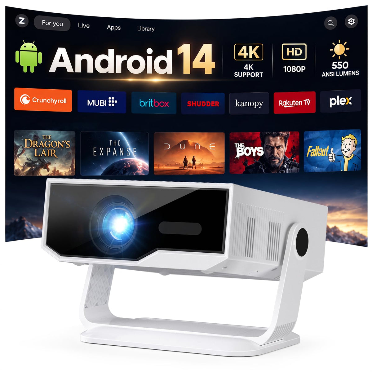 Smart Mini Projector with WiFi6 and Bluetooth5.4 Auto Keystone 550ANSI