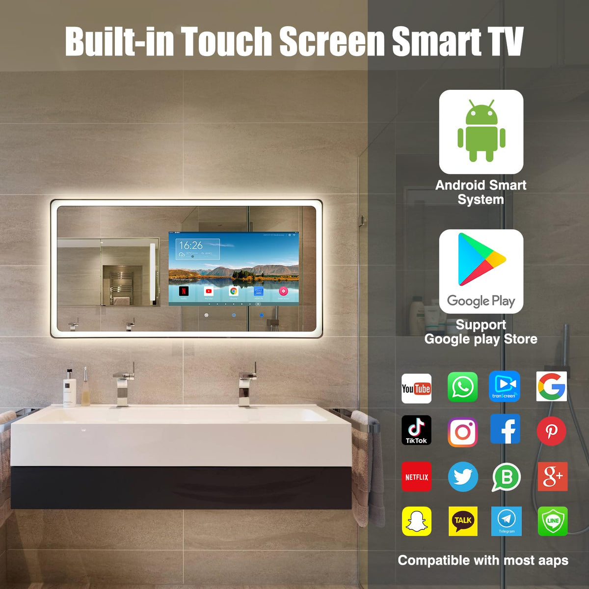 32×24 Inch Smart Vanity Bathroom Mirror with 15.6" Waterproof Touchscreen TV, Android OS, WiFi/Bluetooth/HDMI, Anti-Fog, 3-Color LED Lights for Bathroom,Bedroom,Hotel&Spa Wall Mounted