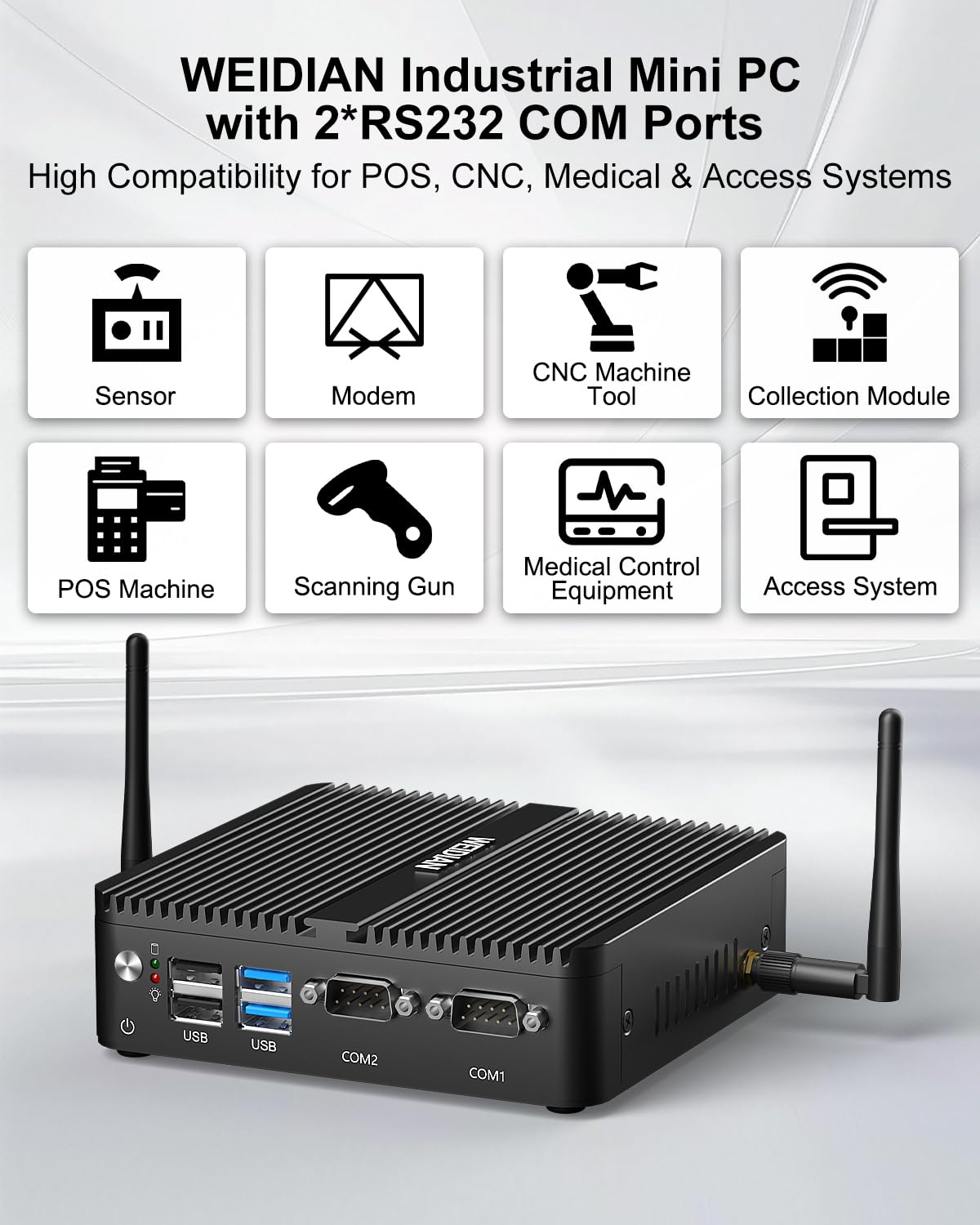 WEIDIAN Fanless Mini PC, Industrial PC, Mini Computer N100(up to 3.4GHz), 4K HD+VGA Dual Dispaly Output, 2Gigabit Ethernet, 4USB, 2RS232 COM, Win11, WiFi, BT(32GB RAM 512GB SSD 2TB HDD)