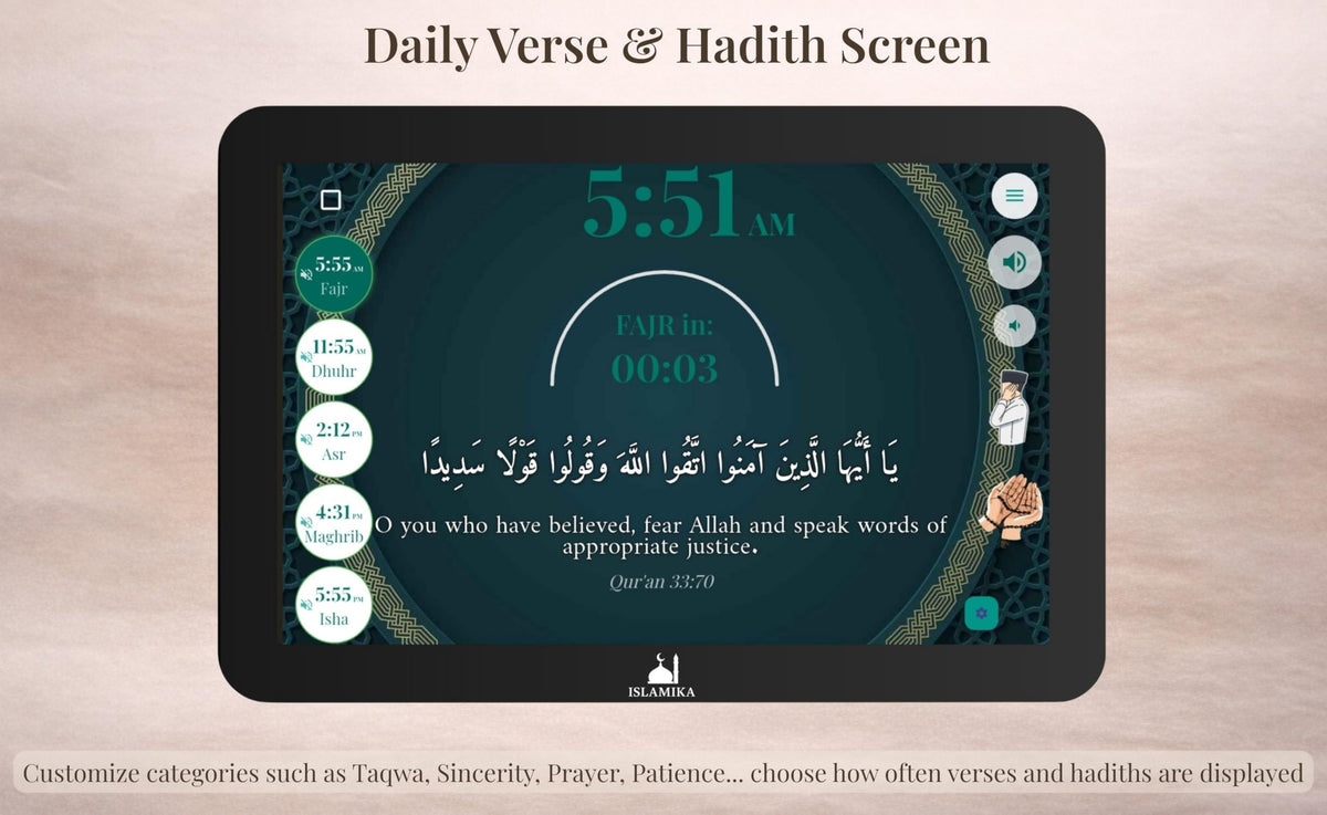Islamika Smart Islamic Display 10” – WiFi Azan Clock, Global Prayer Times, Full Quran Audio & Text, Daily Verses, Kids Learning & Habits Tracker (10, Inches)